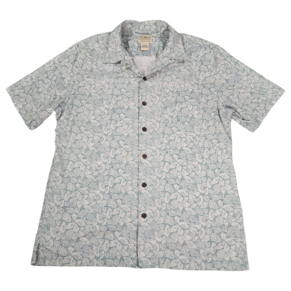 LL Bean Mens MED Shell Print Short Sleeve Cotton Camp Shirt Summer Beach Coastal